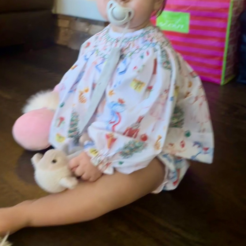 Baby Smocked Long-Sleeve Romper in White with Pastel Prints